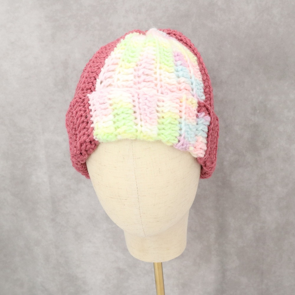 Pink Multi Color Chunky Y2K Vintage Crochet Beanie Cap Hat OS